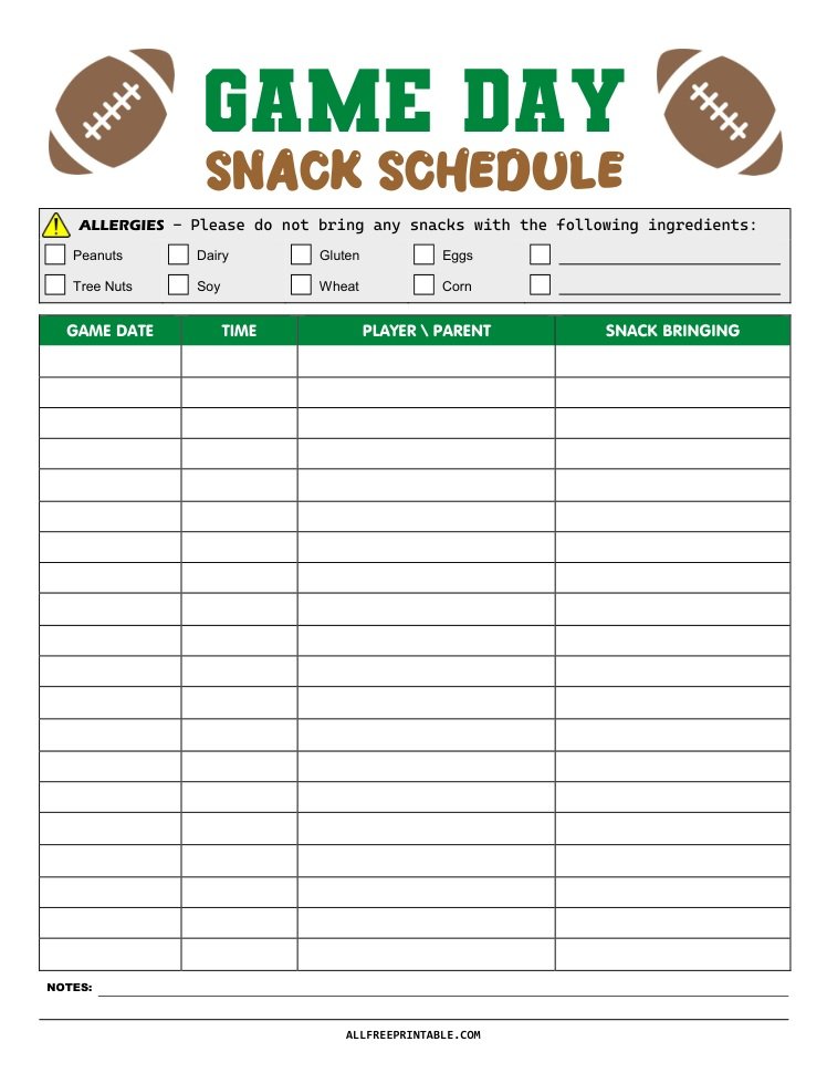 Free Printable Football Game Day Snack Schedule Free Printable Football Game Day Snack Schedule