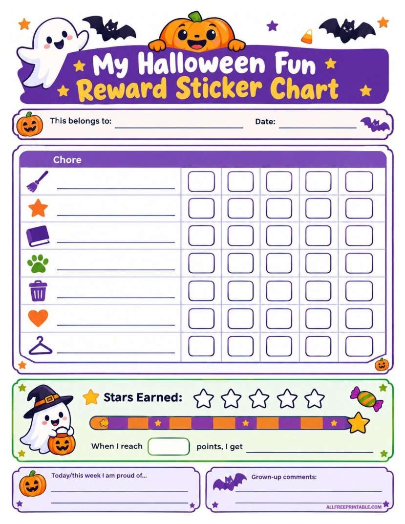 Free Printable Halloween Fun Reward Sticker Chart for Kids PDF