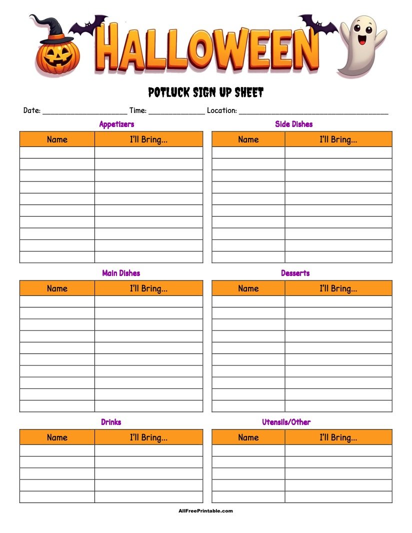 Free Printable Halloween Potluck Sign Up Sheet