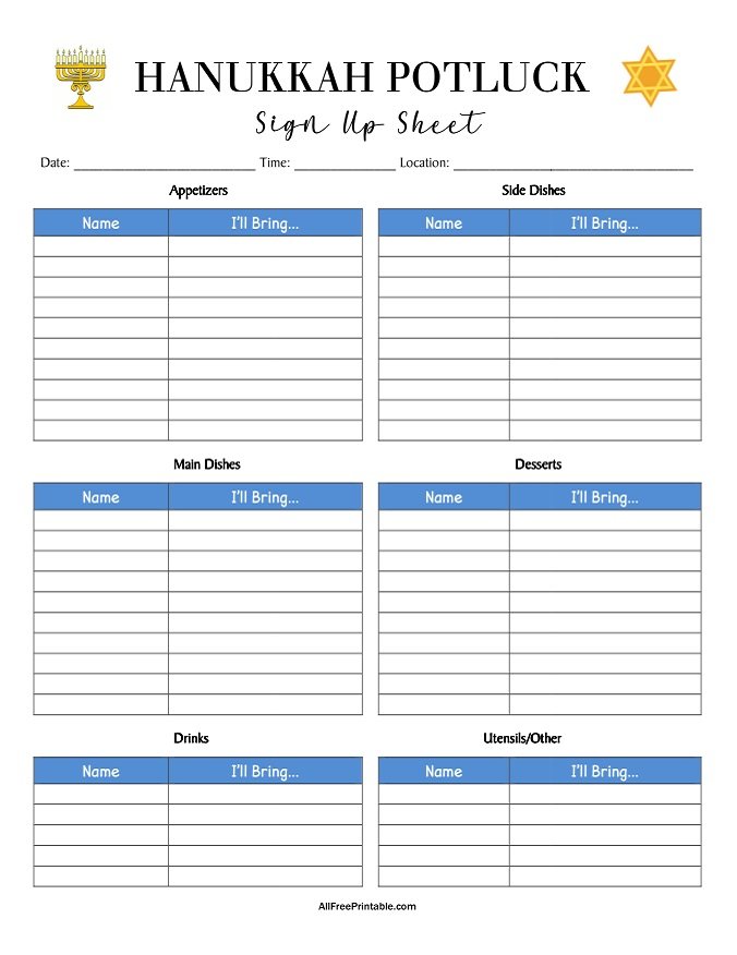 Free Printable Hanukkah Potluck Sign Up Sheet