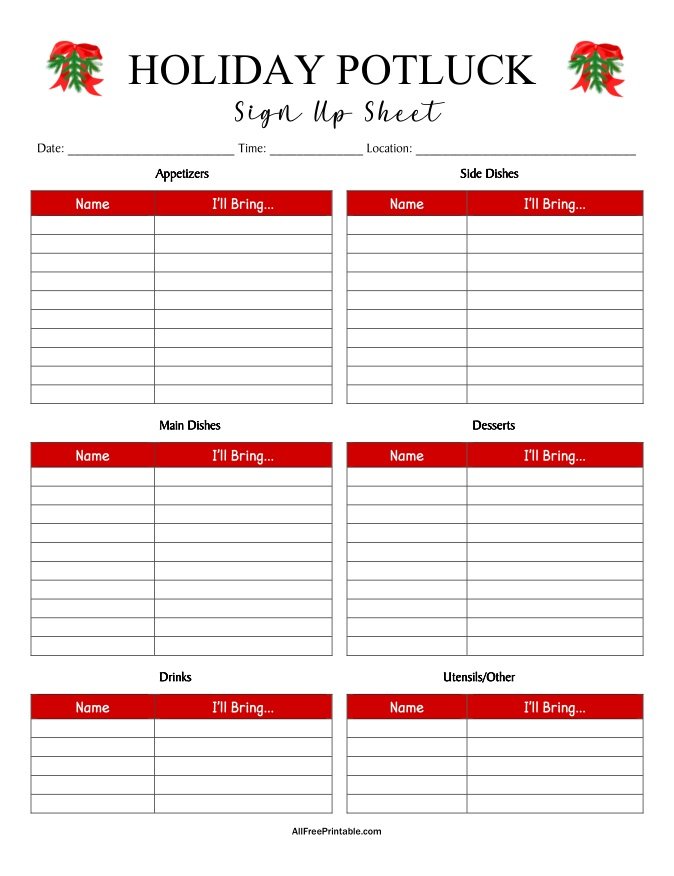 Free Printable Holiday Potluck Sign Up Sheet