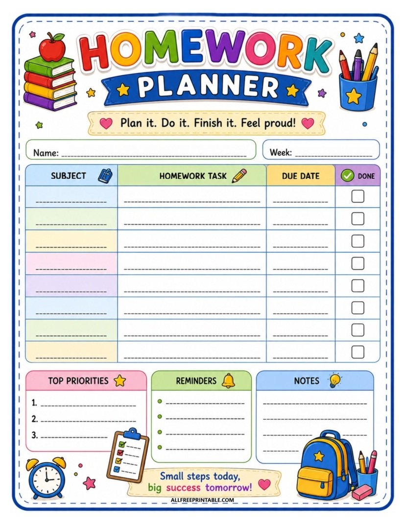 Free Printable Homework Planner for Kids PDF