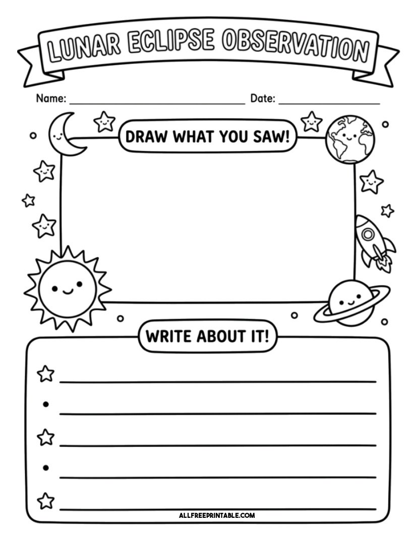 Free Printable Lunar Eclipse Observation Worksheet for Kids PDF