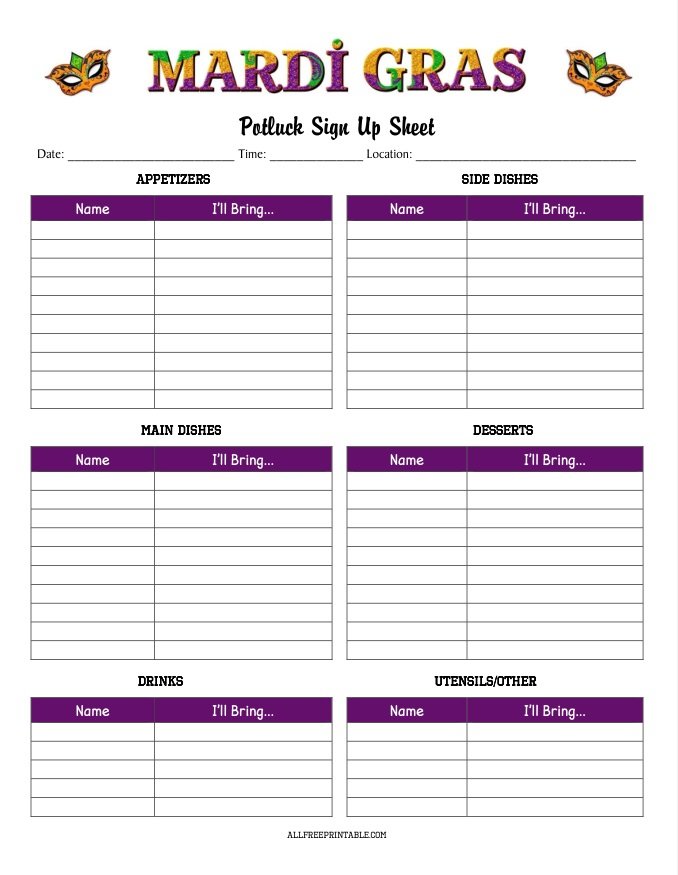 Free Printable Mardi Gras Potluck Sign Up Sheet