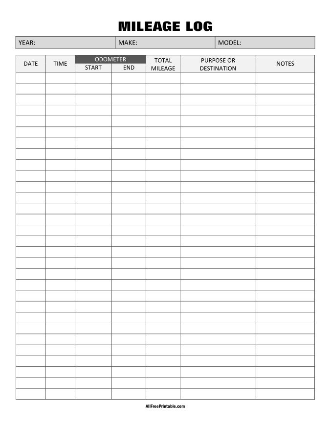 Free Printable Mileage Log Sheet