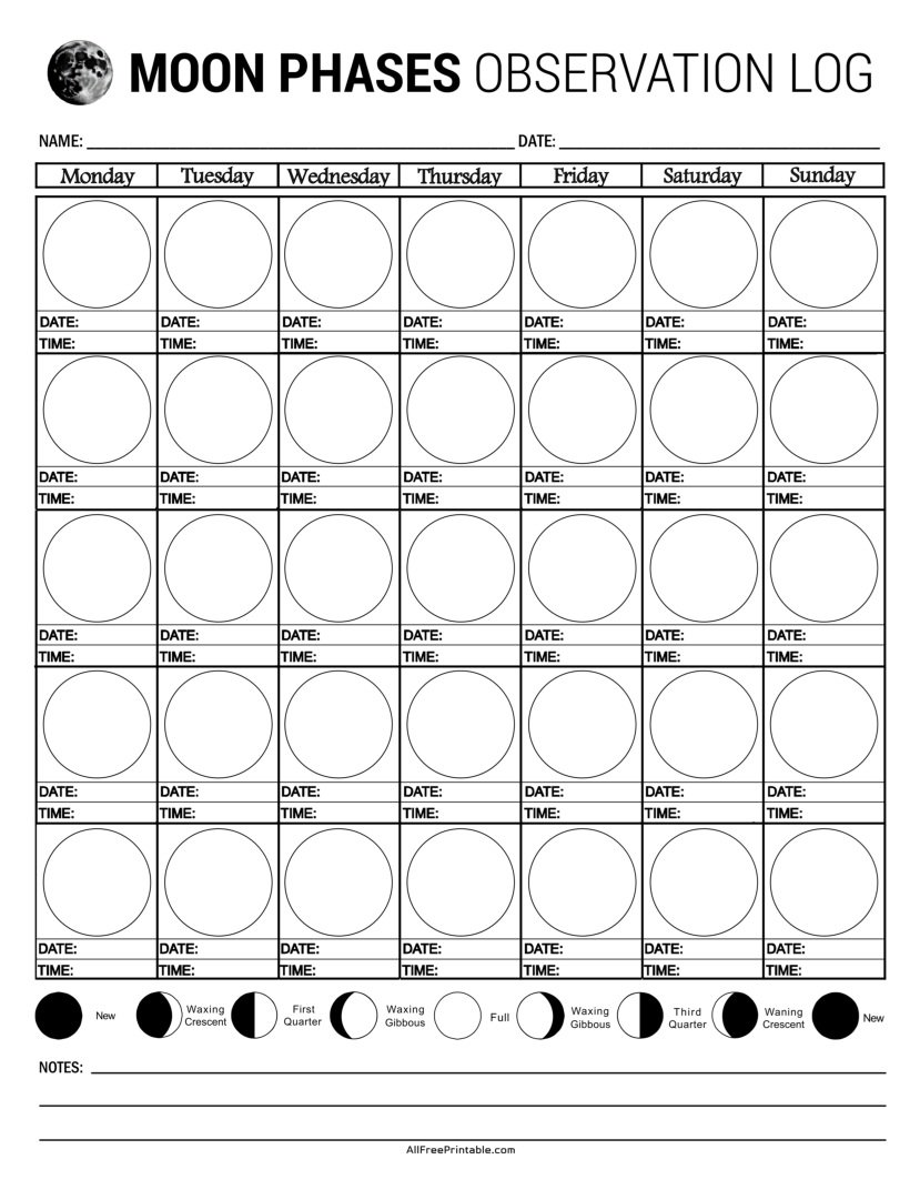 Free Printable Moon Phases Observation Log