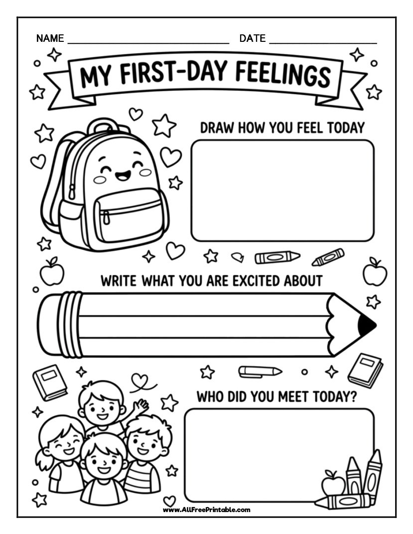 Free Printable My First Day Feelings Worksheet for Kids PDF
