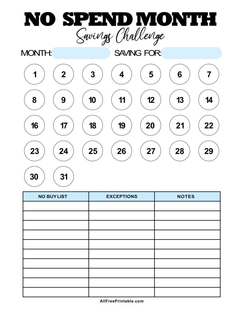 Free Printable No Spend Challenge Tracker PDF