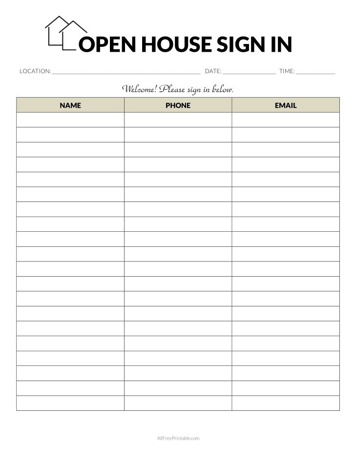 Free Printable Open House Sign In Sheet