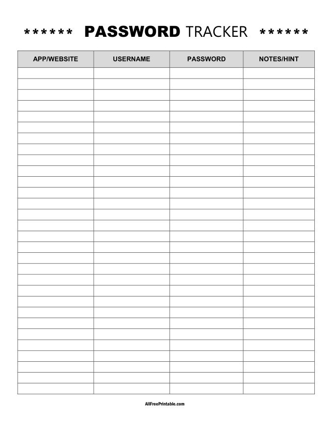 Free Printable Password Tracker Sheet