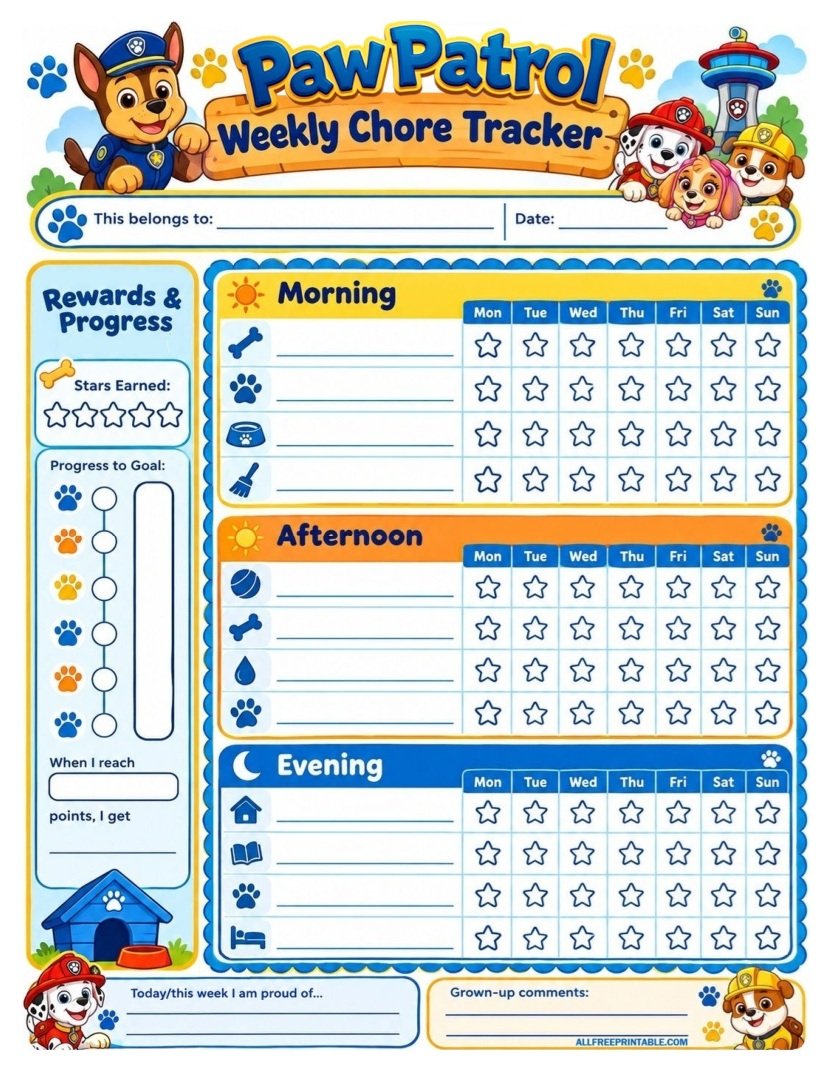 Free Printable Paw Patrol Chore Chart - Free Weekly Tracker PDF