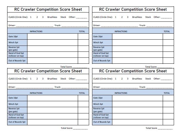 Free Printable RC Crawler Competition Score Sheet