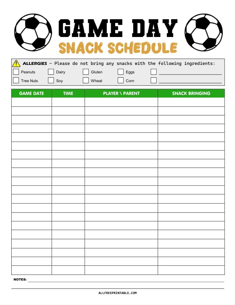 Free Printable Soccer Game Day Snack Schedule