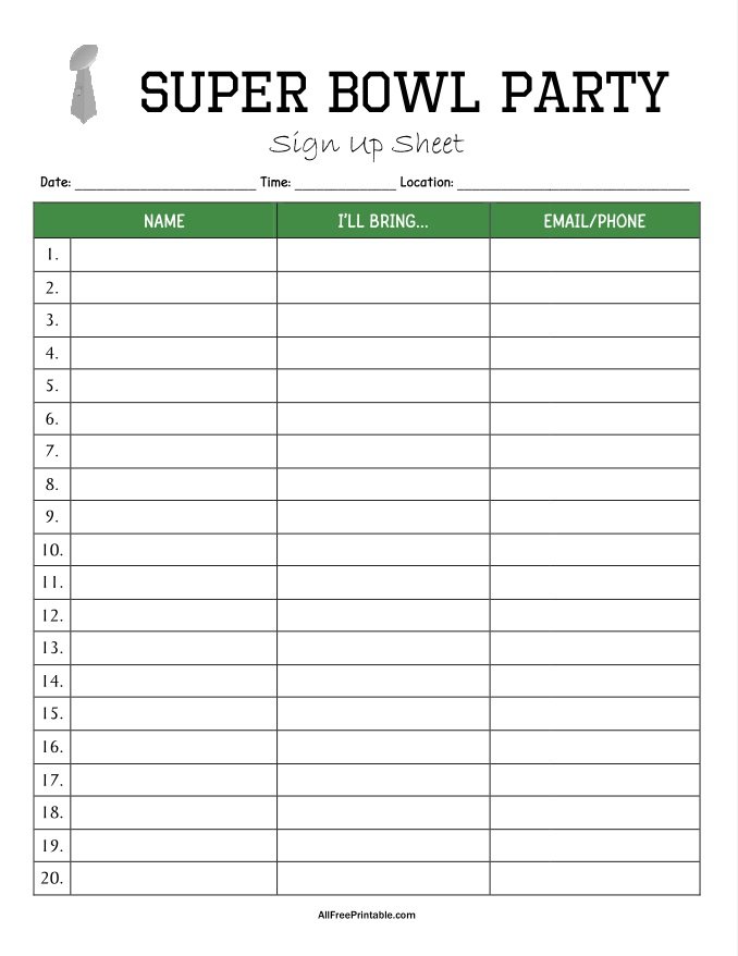 Free Printable Super Bowl Party Sign Up Sheet