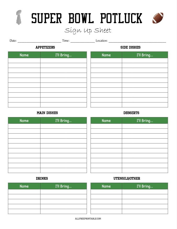 Free Printable Super Bowl Potluck Sign Up Sheet