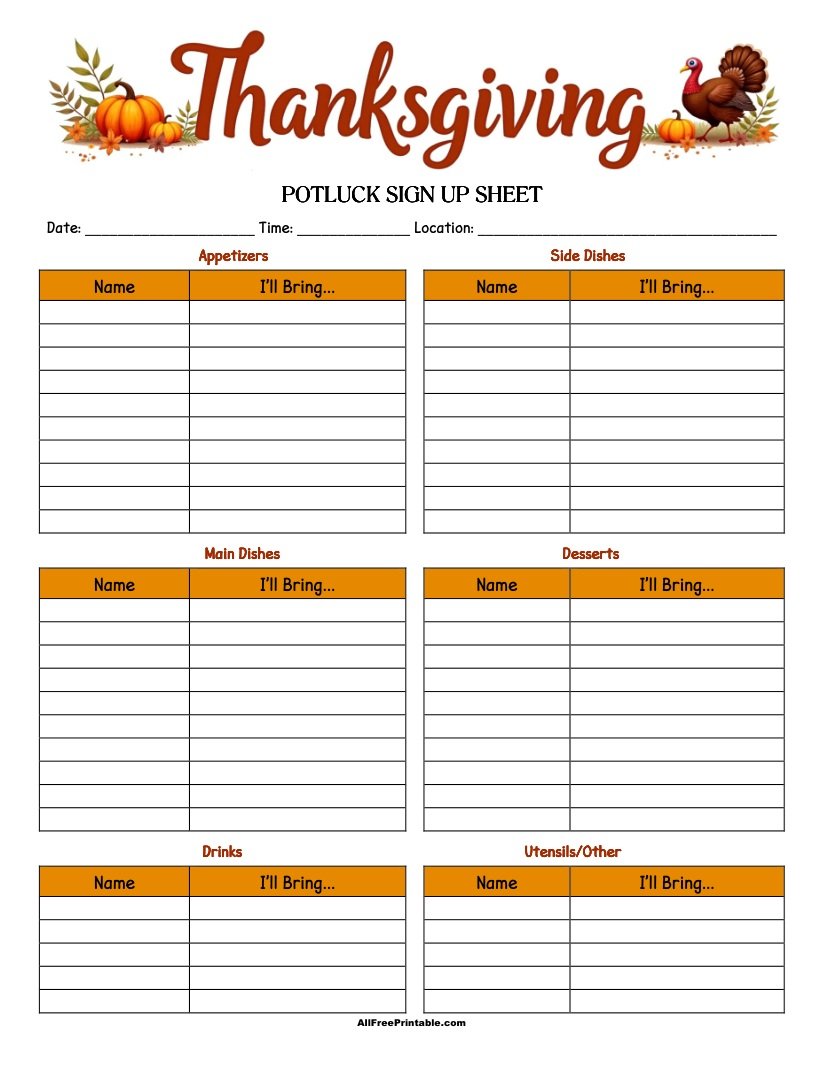 Free Printable Thanksgiving Potluck Sign Up Sheet