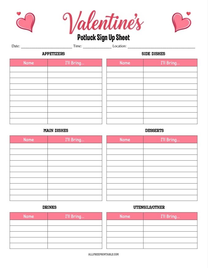 Free Printable Valentine's Potluck Sign Up Sheet