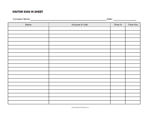 Visitor Sign In Sheet – Free Printable
