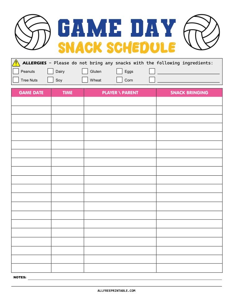 Free Printable Volleyball Game Day Snack Schedule