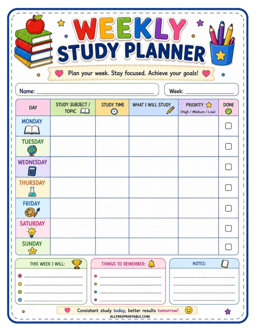 Free Printable Weekly Study Planner for Kids PDF Free Printable Weekly Study Planner for Kids PDF