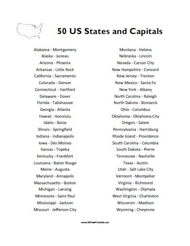 Free Printable 50 States and Capitals List
