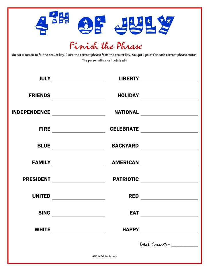 4th of July Finish the Phrase Game