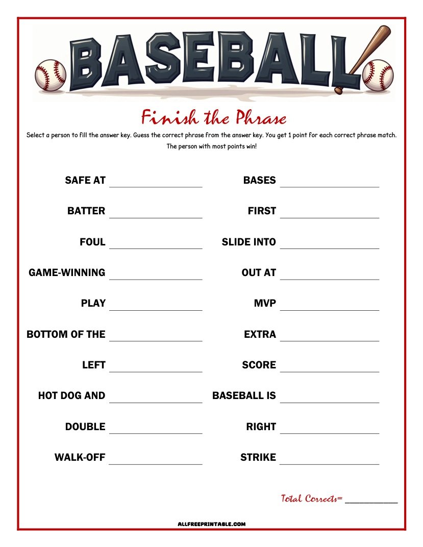 Free Printable Baseball Finish the Phrase Game PDF