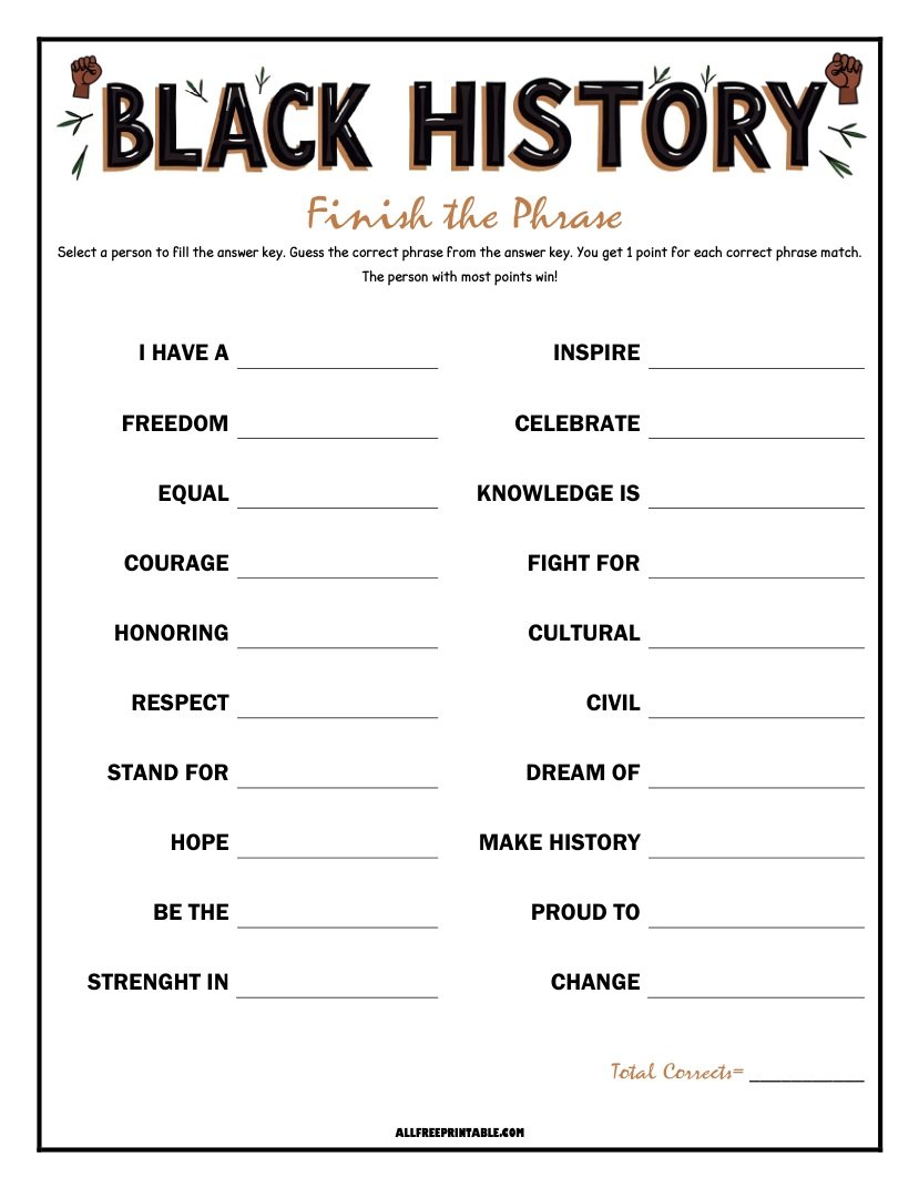 Free Printable Black History Finish the Phrase Game PDF