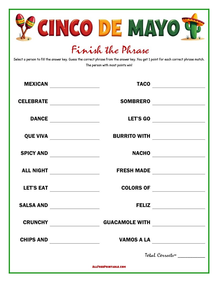 Free Printable Cinco de Mayo Finish the Phrase Game PDF