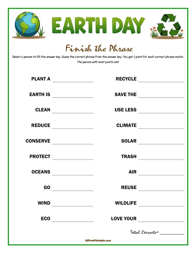 Free Printable Earth Day Finish the Phrase PDF