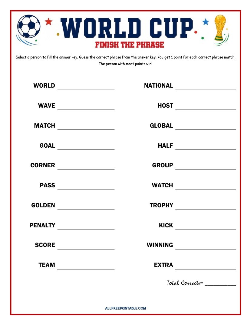 Free Printable FIFA World Cup Finish the Phrase Game PDF