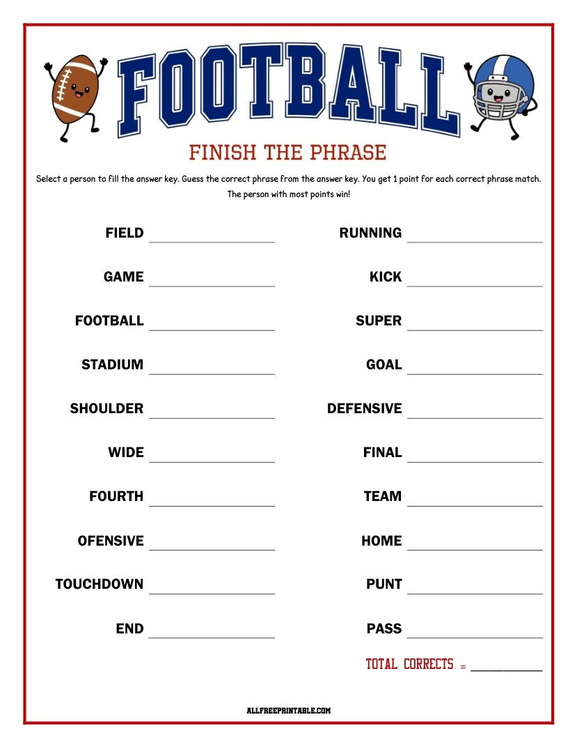 Free Printable Football Finish the Phrase Game PDF