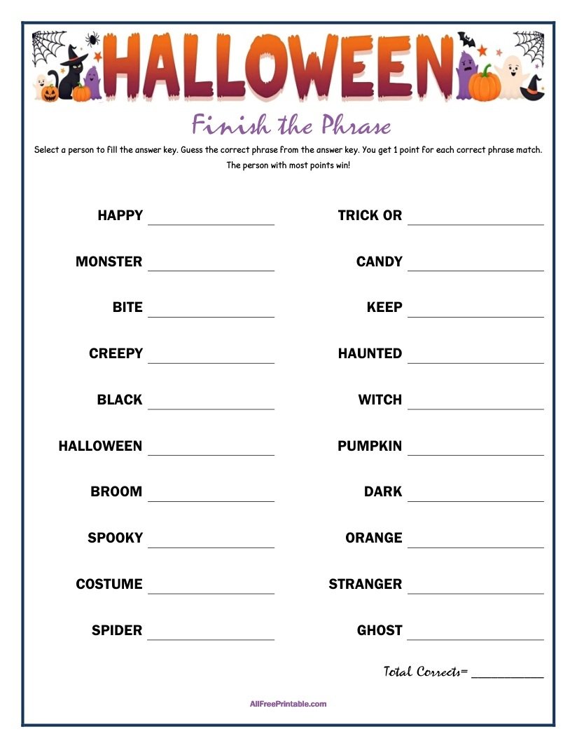 Free Printable Halloween Finish the Phrase Game Free Printable Halloween Finish the Phrase Game