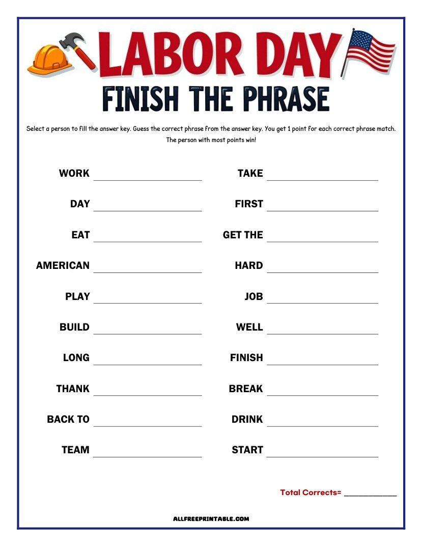 Free Printable Labor Day Finish the Phrase Game PDF