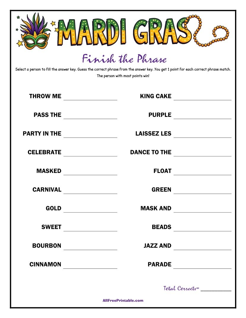 Free Printable Mardi Gras Finish the Phrase Game