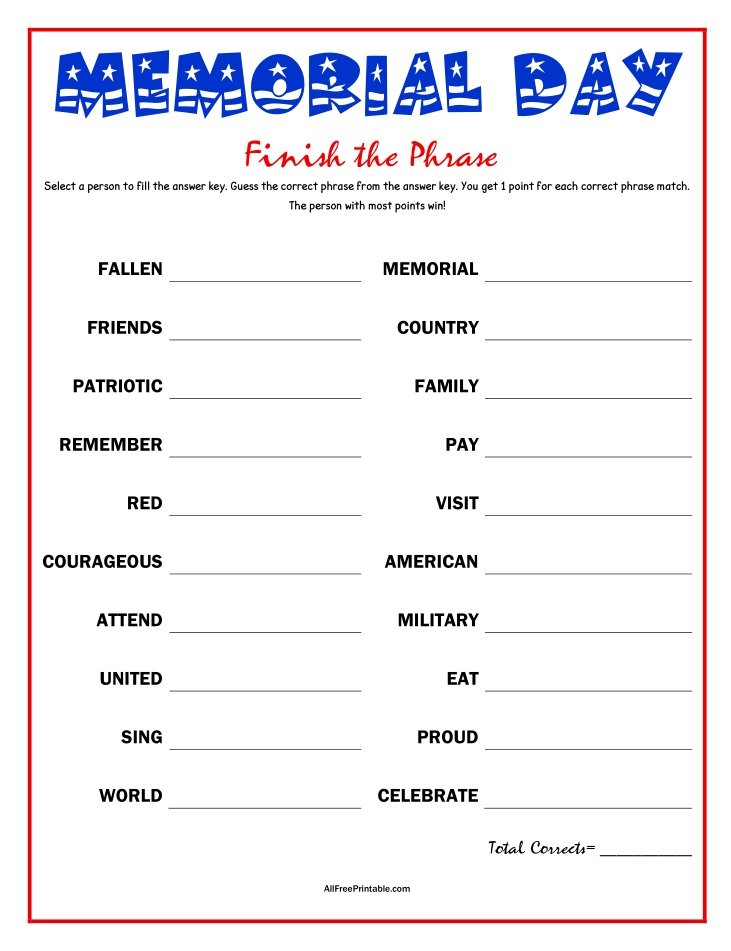 Free Printable Memorial Day Finish the Phrase Game
