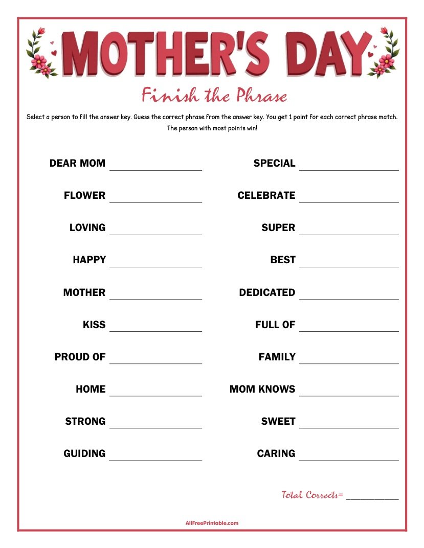 Free Printable Mother's Day Finish the Phrase Game PDF