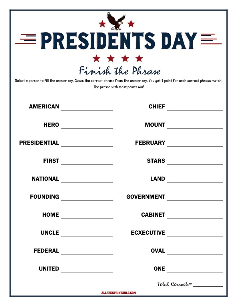 Free Printable Presidents Day Finish the Phrase Game