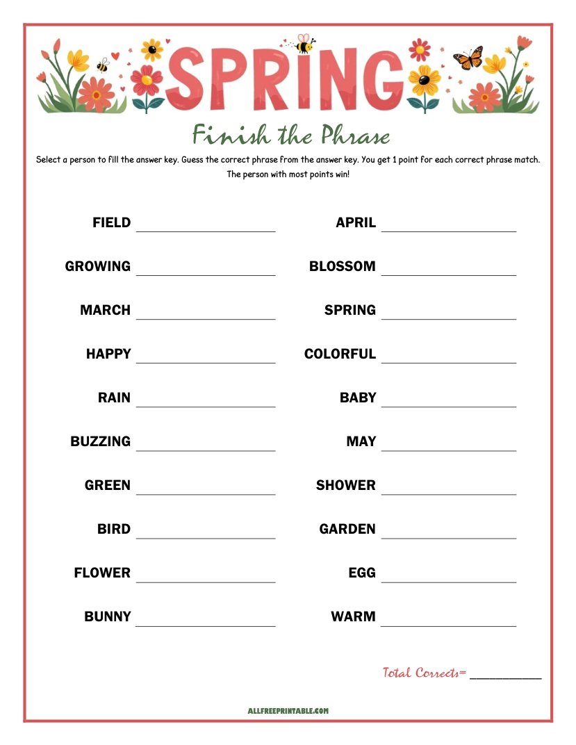 Free Printable Spring Finish the Phrase Game PDF