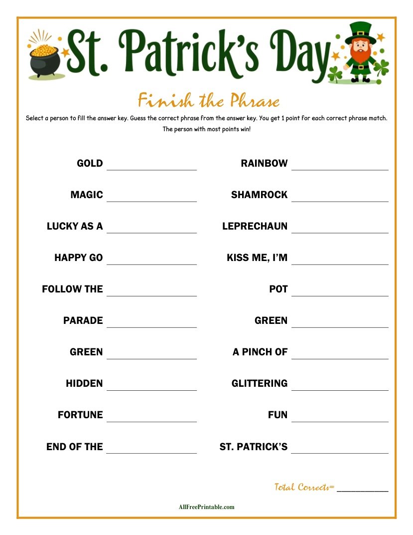 Free Printable St. Patrick's Day Finish the Phrase Game PDF