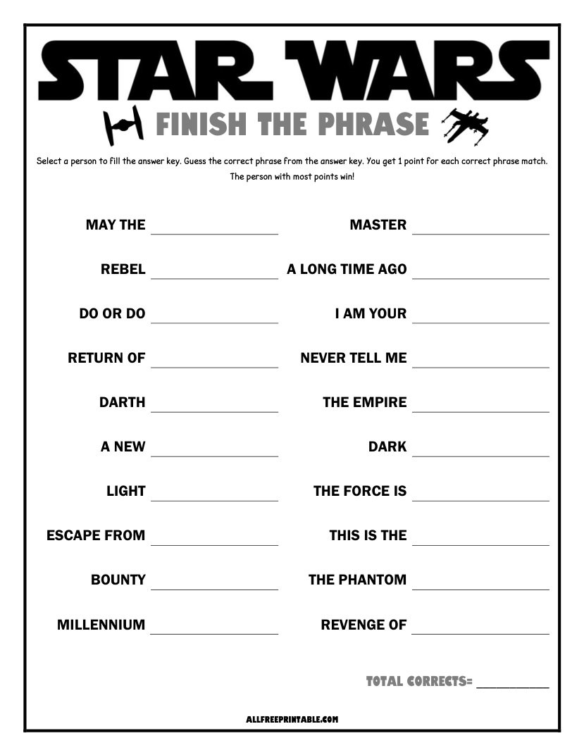 Free Printable Star Wars Finish the Phrase Game PDF