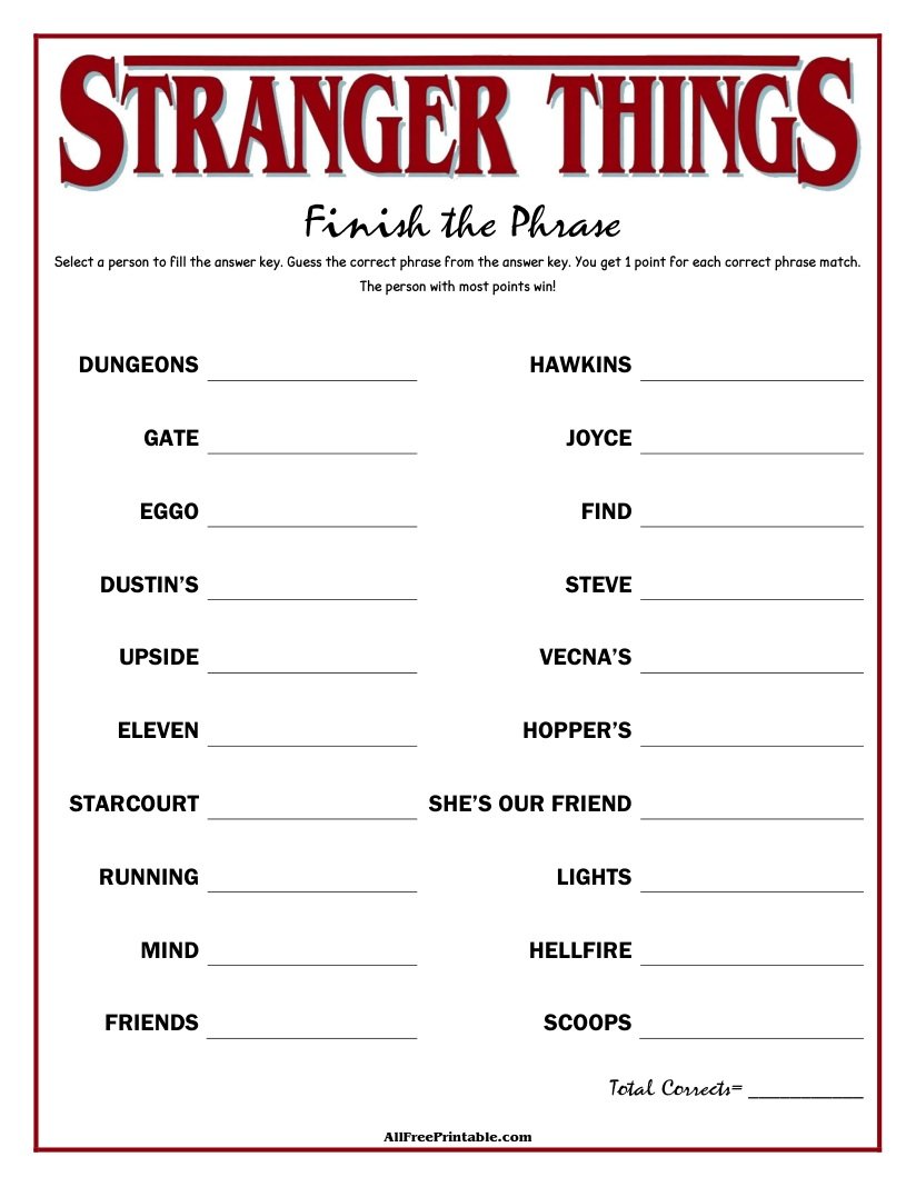 Free Printable Stranger Things Finish the Phrase Game