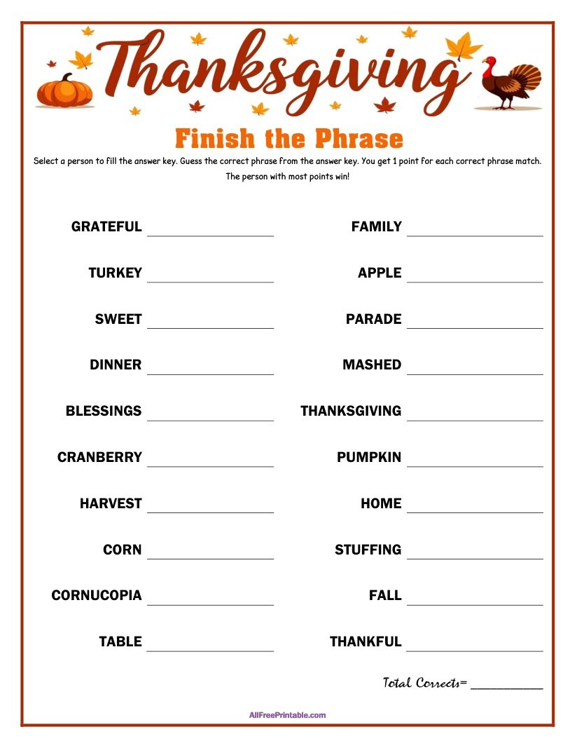 Free Printable Thanksgiving Finish the Phrase Game