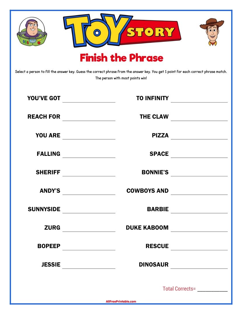 Free Printable Toy Story Finish the Phrase Game PDF