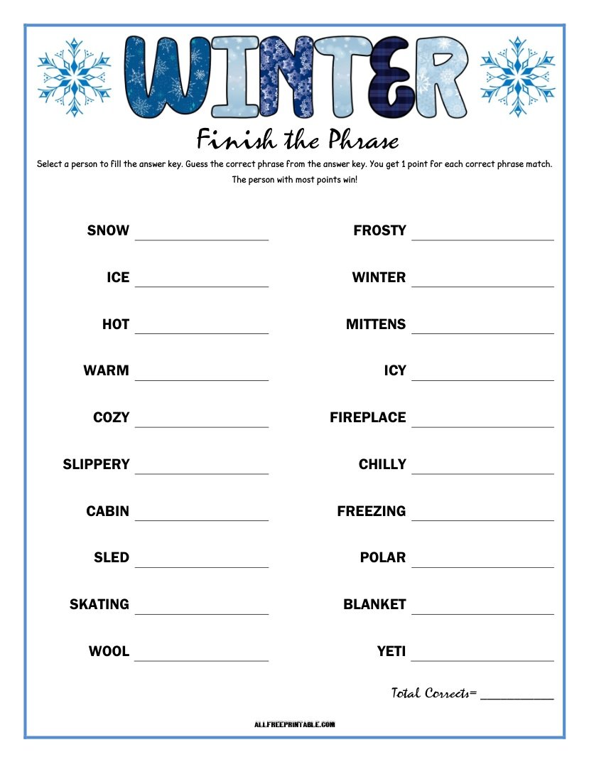 Free Printable Winter Finish the Phrase Game
