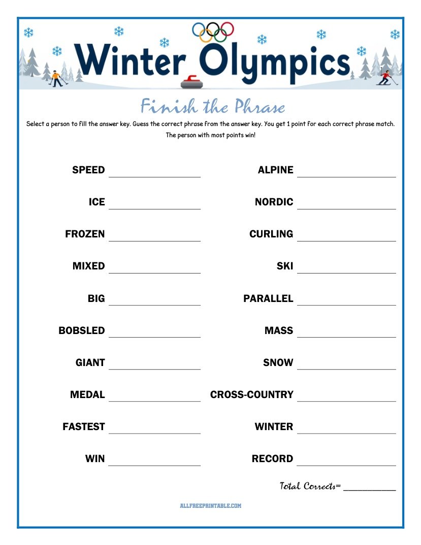 Free Printable Winter Olympics Finish the Phrase Game