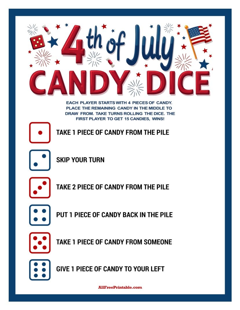Free Printable 4th of July Candy Dice Game PDF