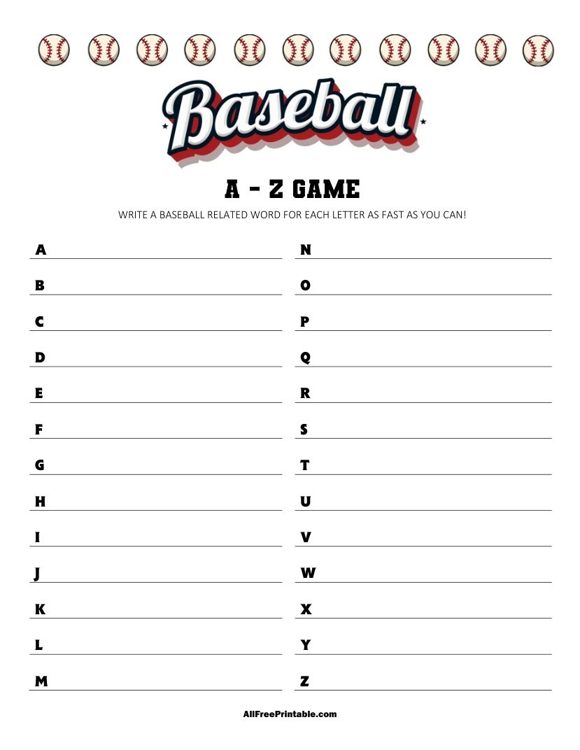 Free Printable Baseball A-Z Game PDF