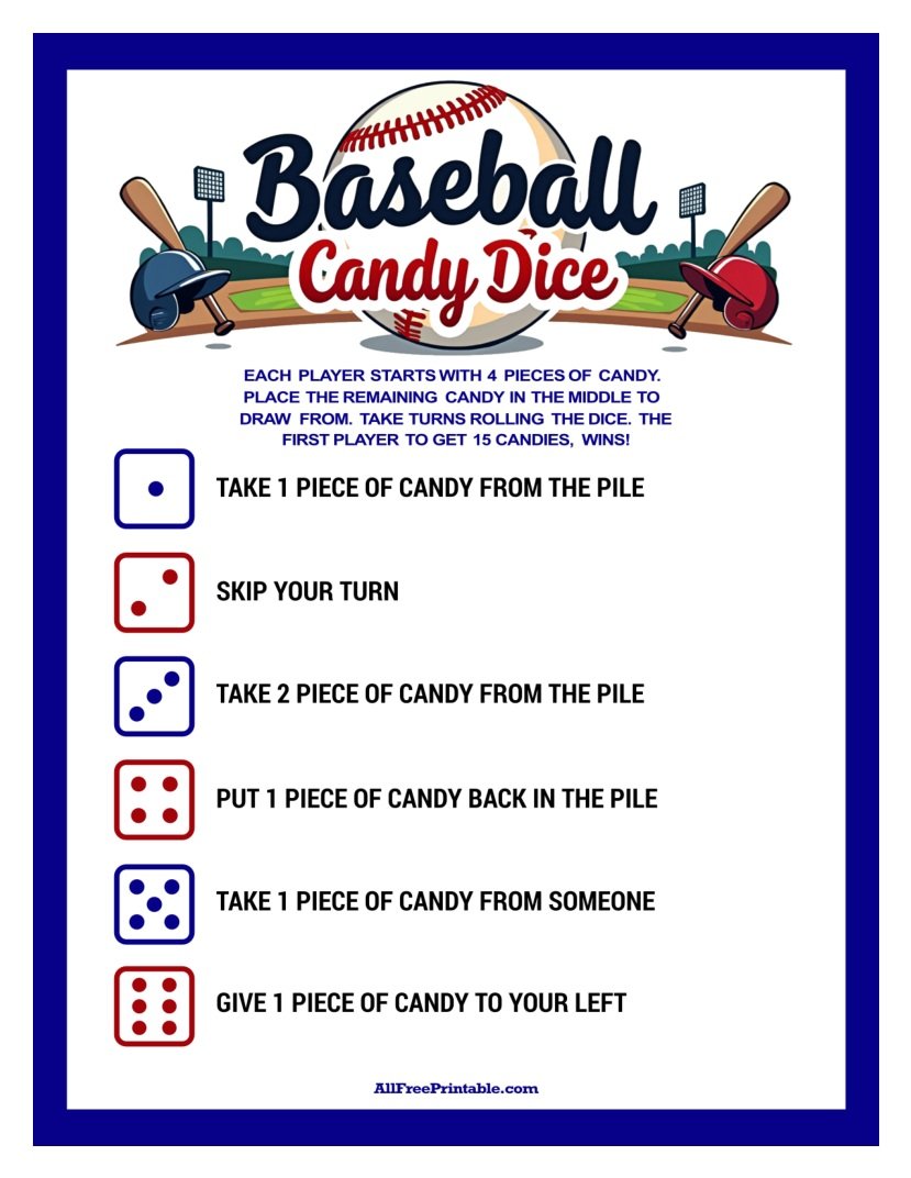 Free Printable Baseball Candy Dice Game