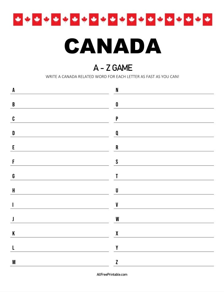 Free Printable Canada A-Z Game